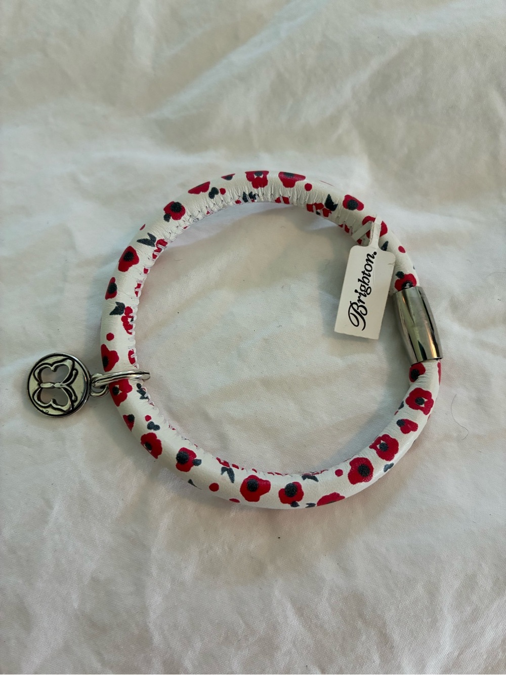 Brighton White Leather Bracelet with Red and Black Floral Print